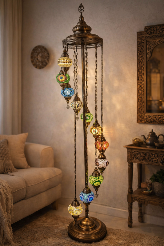 Handcrafted Turkish Mosaic Floor Lamp - 9 Globe Tall Standing Moroccan Light (80.7")
