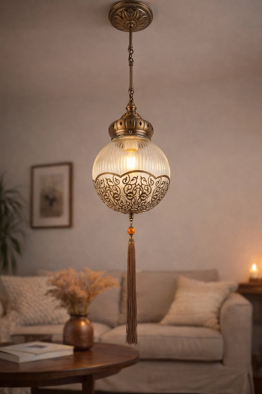 Artisan Brass Globe Pendant Light - Handcrafted Filigree Lantern for Entryway & Hallway