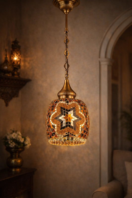 Artisan Handmade Mosaic Star Pendant Light - Stained Glass Hanging Ceiling Lamp