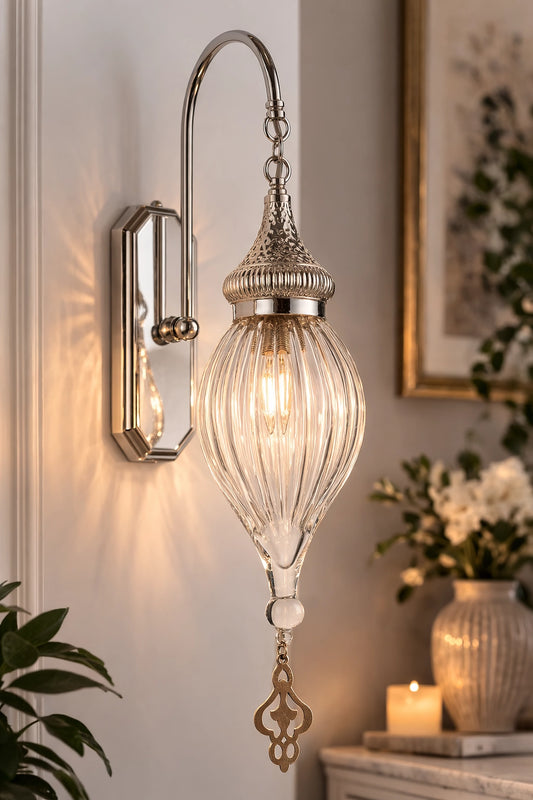 Elegant Handcrafted Ribbed Glass Wall Sconce - Artisanal Brass Lighting for Modern Interiors