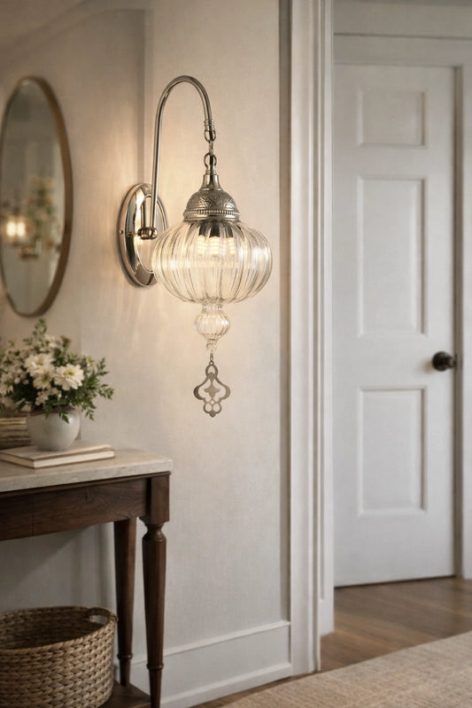 Elegant Silver Ribbed Glass Wall Sconce - Handcrafted Artisan Lighting