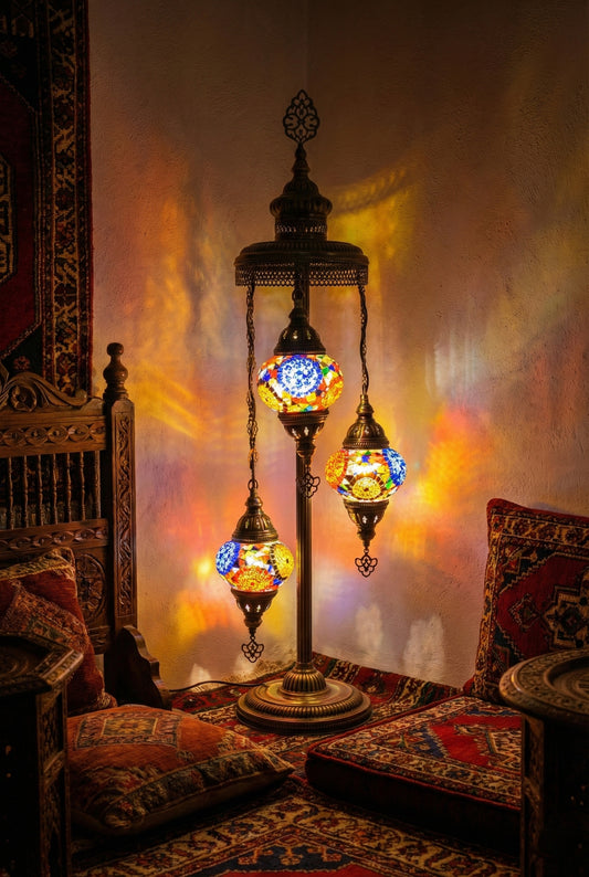 3 Globe Turkish Floor Lamp, Majlis Seating Decor, Arabic Moroccan Standing Lamp, Dubai Luxury Mosaic Light, Boho Oriental Corner Lighting - Anatolia Lighting