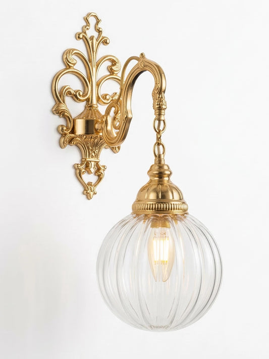 Victorian Style Ornate Wall Sconce with Ribbed Glass Globe - Handcrafted Antique Brass Interior Lamp