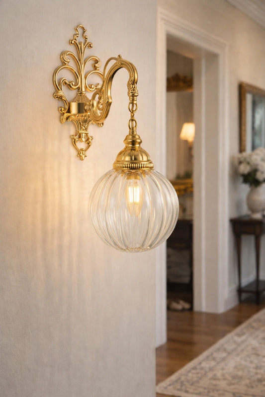 Victorian Style Ornate Wall Sconce with Ribbed Glass Globe - Handcrafted Antique Brass Interior Lamp