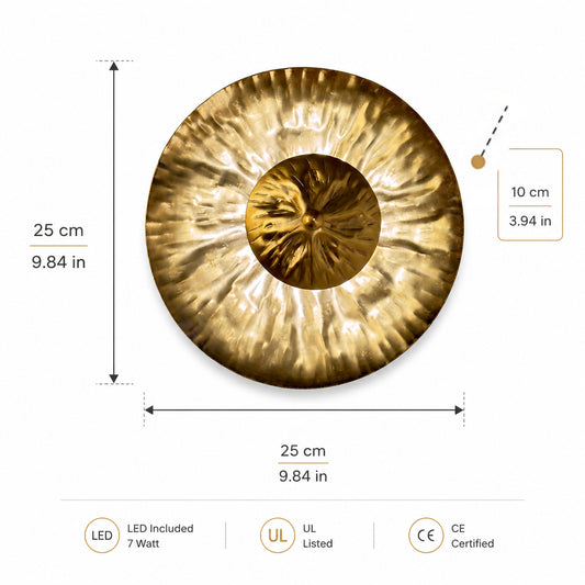 Hammered Brass Wall Sconce, Round Accent Lamp, Sculptural Ambient Light