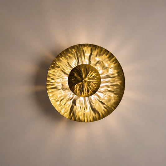 Hammered Brass Wall Sconce, Round Accent Lamp, Sculptural Ambient Light