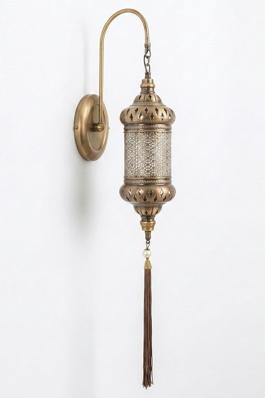 Handcrafted Turkish Moroccan Wall Sconce - Intricate Brass Filigree Lantern with Tassel