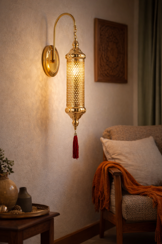 Handcrafted Gold Cylindrical Wall Sconce - Bohemian Moroccan Style Light with Orange Tassel