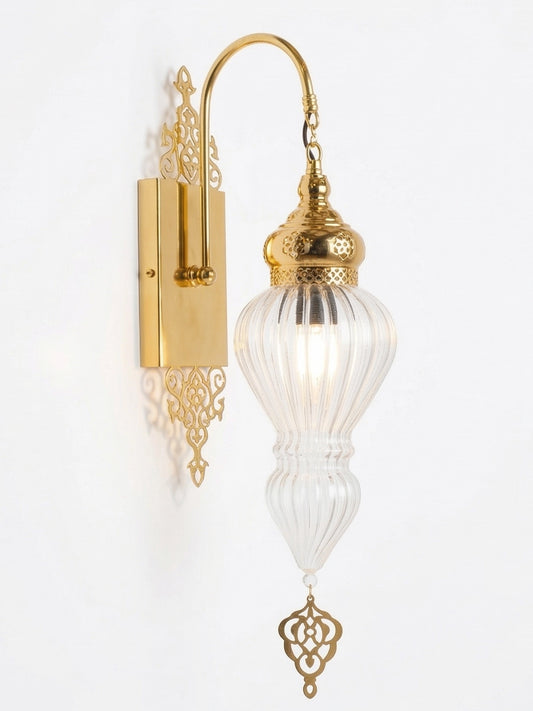 Handcrafted Turkish Wall Sconce - Luxury Gold Ribbed Glass Wall Light (23.6")