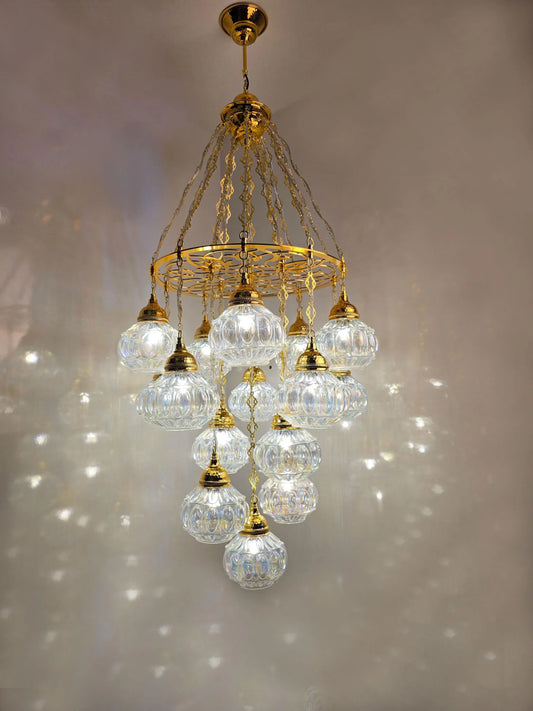 Elegant Turkish Crystal Chandelier 15 globes - Gold Clear Glass Pendant Light - Anatolia Lighting
