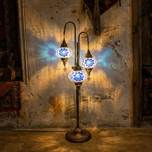 Brass Turkish Mosaic Floor Lamp, 3 Globe Standing Light, Blue Moroccan Lantern, Boho Home Decor, Unique Housewarming Gift, Bedside Lighting - Anatolia Lighting