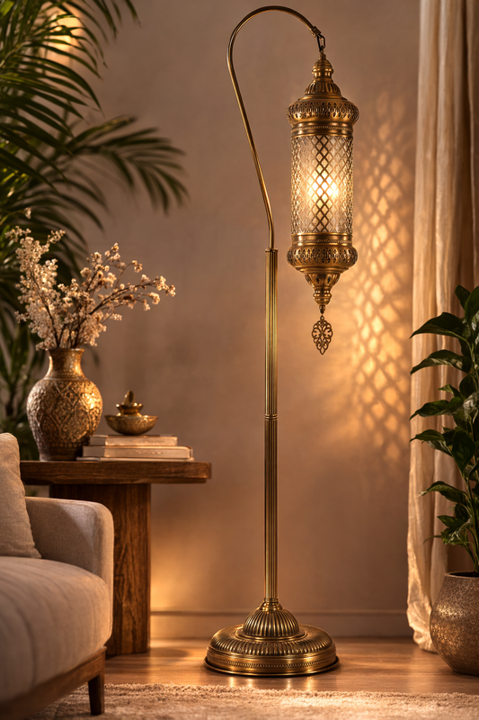 Turkish Floor Lamp, Standing Corner Lighting, Brass Color Floor Light Fixture