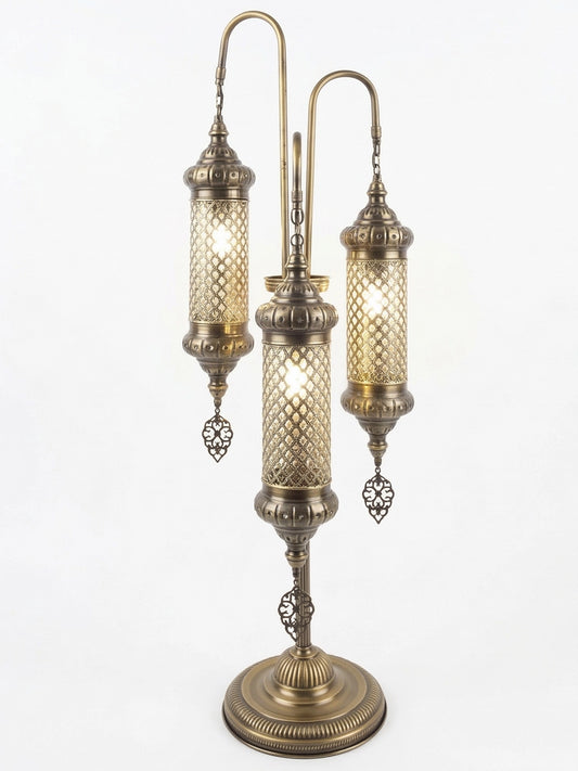 Handcrafted 3-Globe Turkish Floor Lamp | Antique Brass Filigree Standing Light