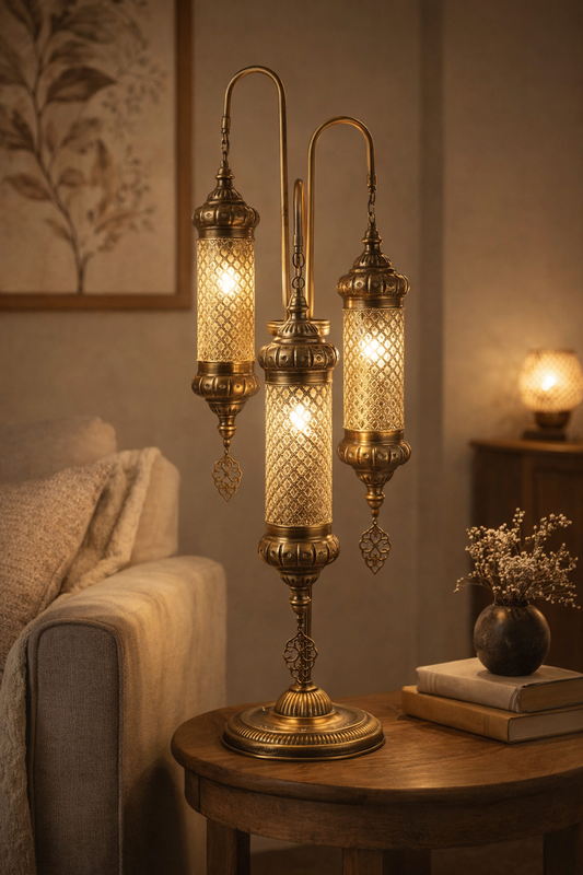 Handcrafted 3-Globe Turkish Floor Lamp | Antique Brass Filigree Standing Light