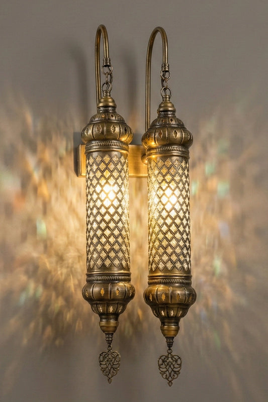 Handmade Turkish Double Wall Sconce | Antique Brass Filigree Cylinder Moroccan Lamp
