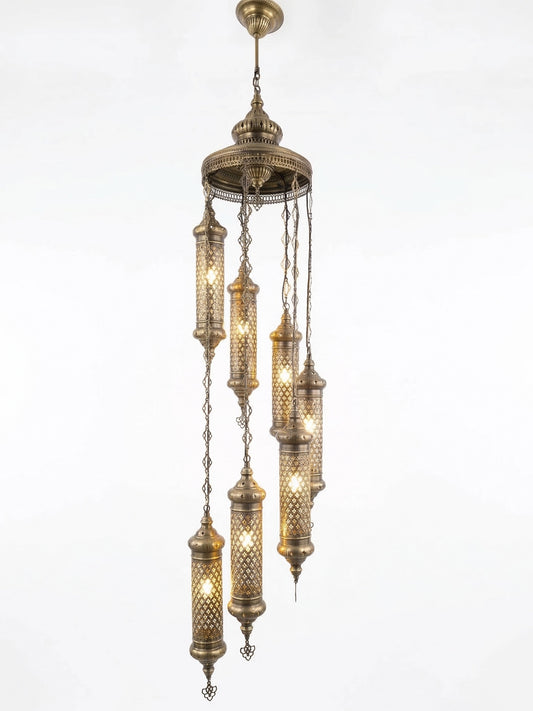 Antique Brass Cylinder Lantern Chandelier - Handcrafted Pendant Lighting