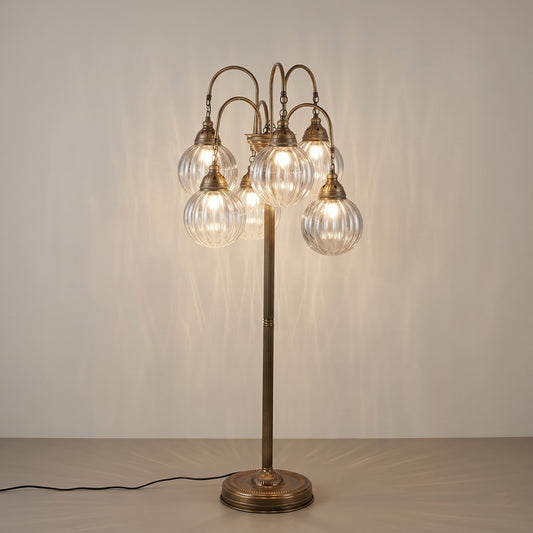 Antique Brass Floor Lamp, 6 Ribbed Glass Globes, Art Deco Standing Light