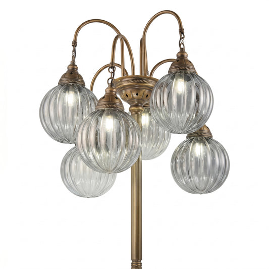 Antique Brass Floor Lamp, 6 Ribbed Glass Globes, Art Deco Standing Light