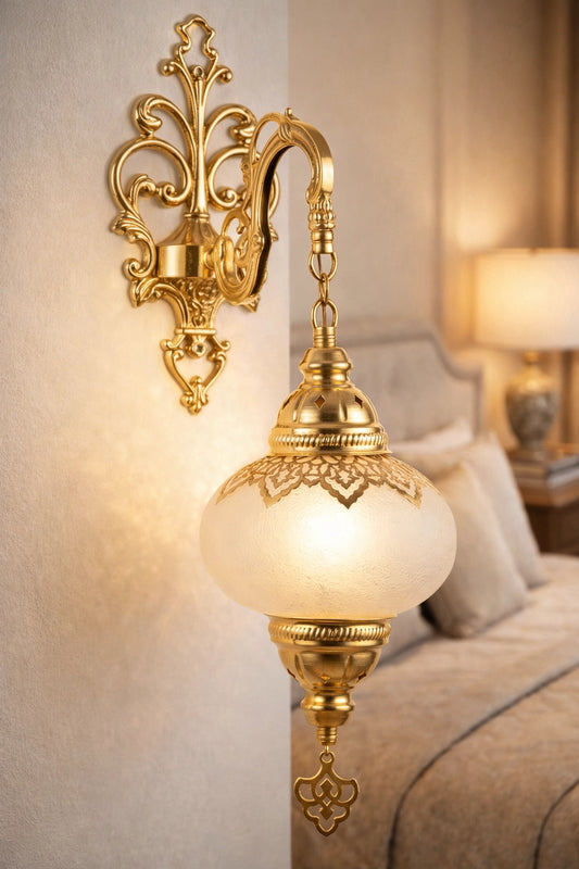 Antique Brass Ornate Wall Sconce with Ribbed Glass Globe - Victorian Style Artisan Lighting