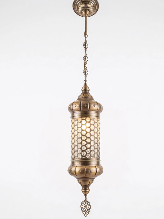 Artisan Antique Brass Cylindrical Pendant - Geometric Hexagon Pattern Lantern
