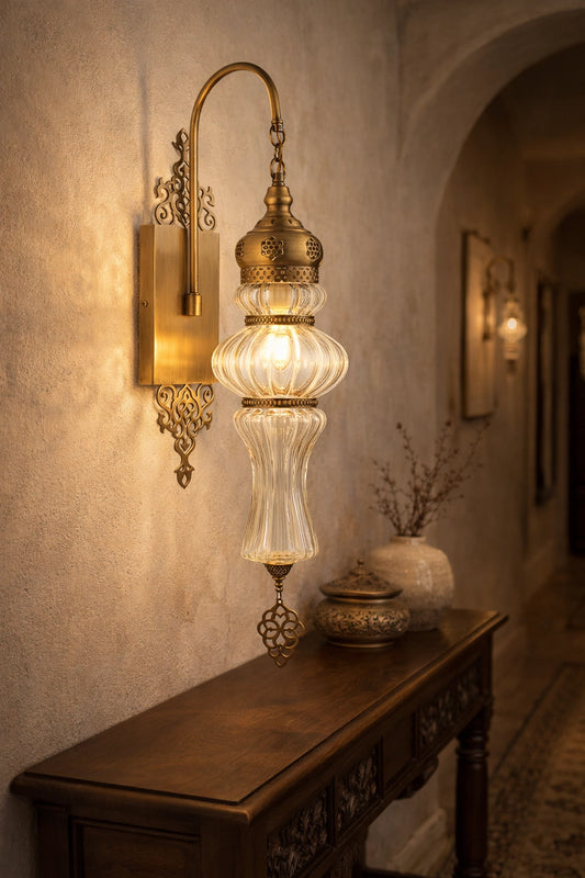 Artisan Brass Wall Sconce - Handcrafted Ribbed Glass Wall Lamp for Elegant Interiors