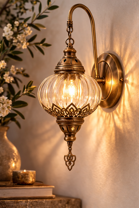 Antique Brass Swan Neck Wall Sconce - Elegant Clear Glass Globe Light for Bedside & Hallway