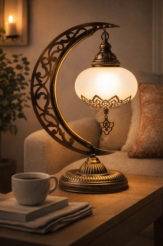 Elegant Handcrafted Crescent Moon Mosaic Lamp - Ambient Table Light