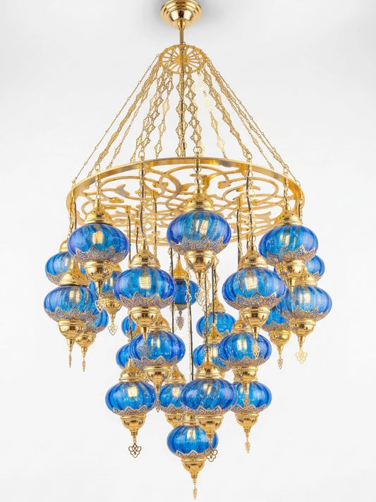 Grand Cascading Chandelier with 25 Blue Glass Globes - 170cm Statement Lighting