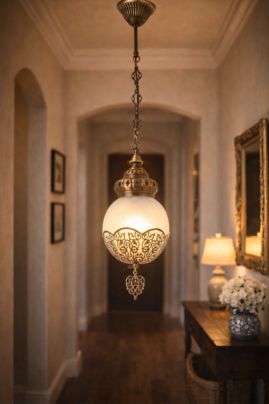 Handcrafted Antique Brass Globe Pendant Lamp - Elegant Filigree Ceiling Light