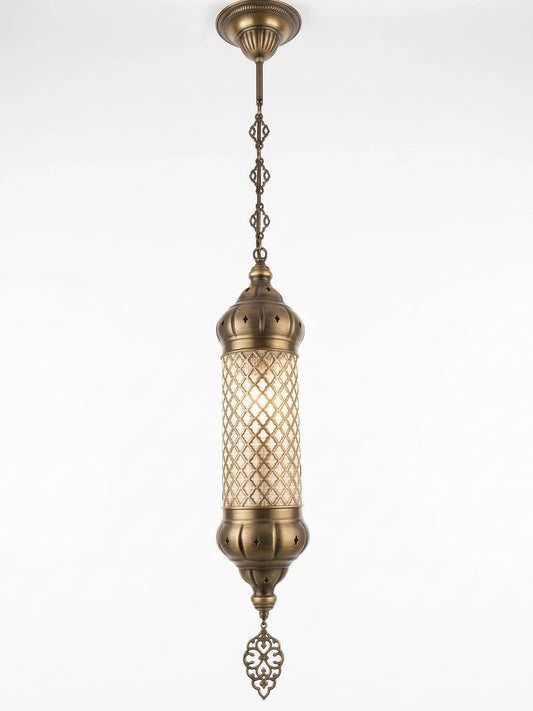 Handcrafted Antique Brass Lattice Cylinder Pendant Light - Pierced Metal Hanging Lamp
