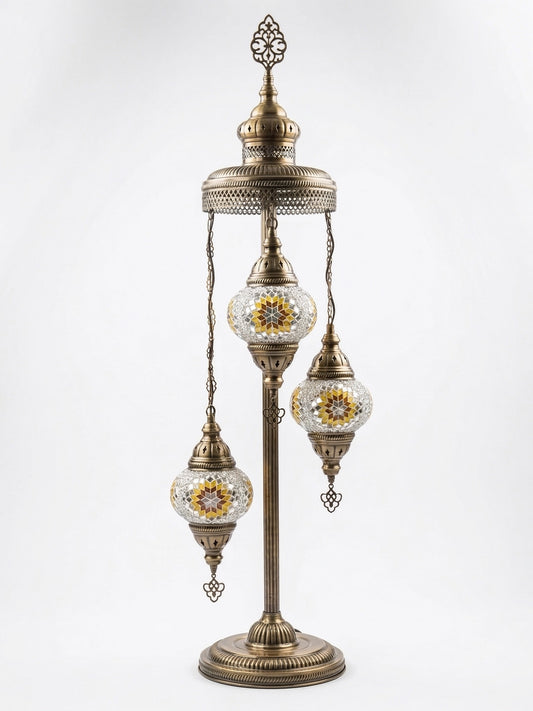 Handcrafted 3-Globe Turkish Floor Lamp | Moroccan Mosaic Standing Light (43" Height) - Luxury Majlis & Boho Decor
