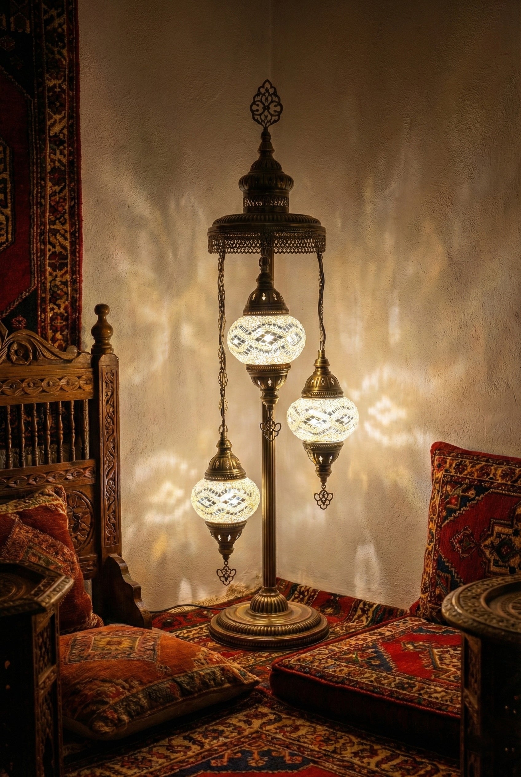 3 Globe Turkish Floor Lamp, Majlis Seating Decor, Arabic Moroccan Standing Lamp, Dubai Luxury Mosaic Light, Boho Oriental Corner Lighting - Anatolia Lighting