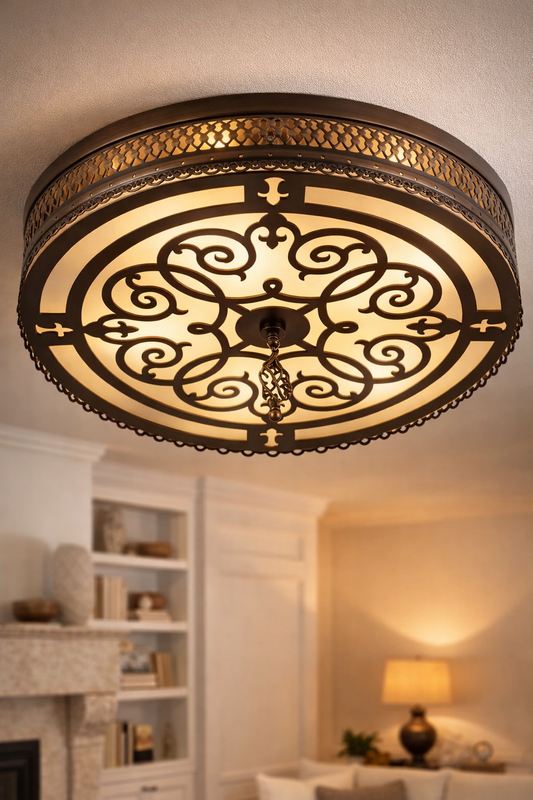 Turkish Flush Mount Ceiling Light - Handmade Moroccan Mosaic Lamp - Antique Bronze