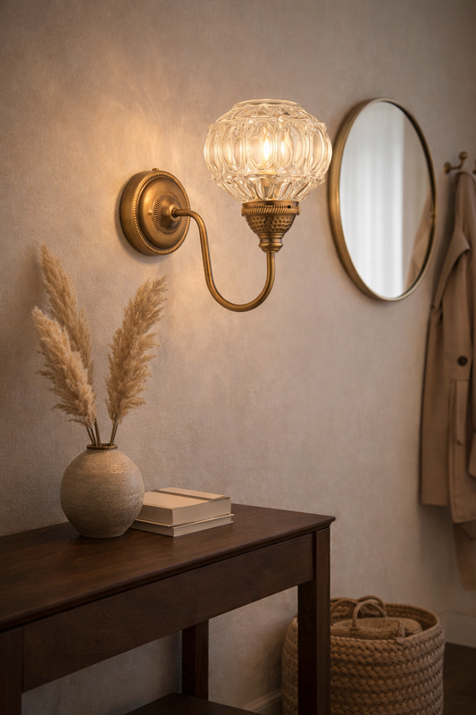 Artisan Brass Wall Sconce with Faceted Glass Globe - Handcrafted Luxury Interior Lighting