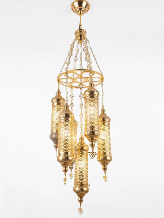Artisan Gold Lantern Chandelier - 7-Light Vintage Glass Pendant Statement Piece