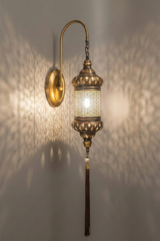 Handcrafted Turkish Moroccan Wall Sconce - Intricate Brass Filigree Lantern with Tassel