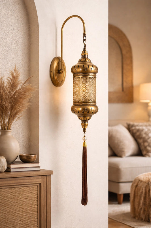 Handcrafted Turkish Moroccan Wall Sconce - Intricate Brass Filigree Lantern with Tassel