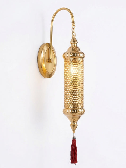 Handcrafted Gold Cylindrical Wall Sconce - Bohemian Moroccan Style Light with Orange Tassel