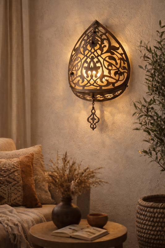 Handcrafted Moroccan Teardrop Wall Sconce - Laser Cut Metal Light Fixture for Ambient Mood Lighting