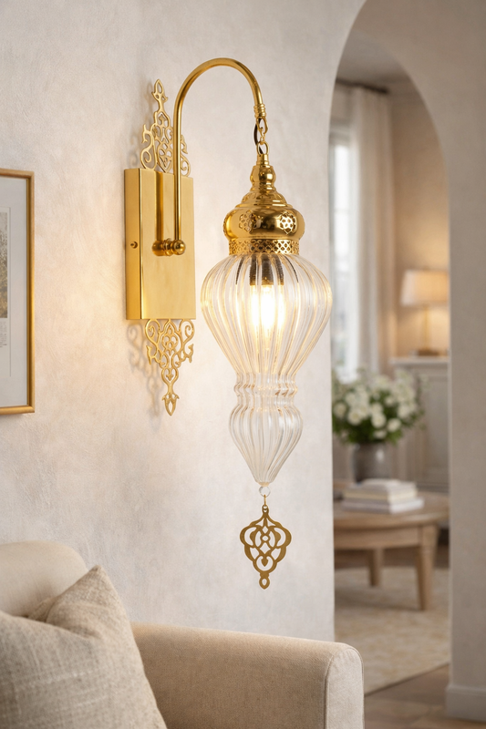 Handcrafted Turkish Wall Sconce - Luxury Gold Ribbed Glass Wall Light (23.6")
