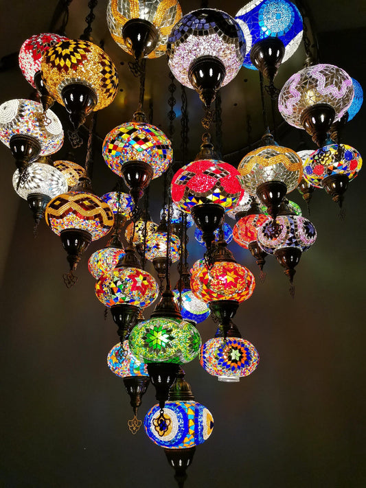 Entryway Large Turkish Mosaic Chandelier 37 Globes, Unique Turkish Chandeliers