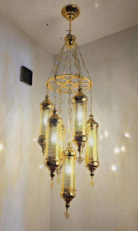 Gold Turkish Lantern Chandelier, Unique Vintage Light Fixture, Boho Style Pendant Lamp for Living Room