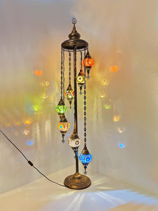 Standing Corner Lighting Turkish Mosaic Floor Lamp, Moroccan 9 Globe Mosaic Lamp