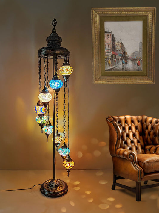 Standing Corner Lighting Turkish Mosaic Floor Lamp, Moroccan 9 Globe Mosaic Lamp