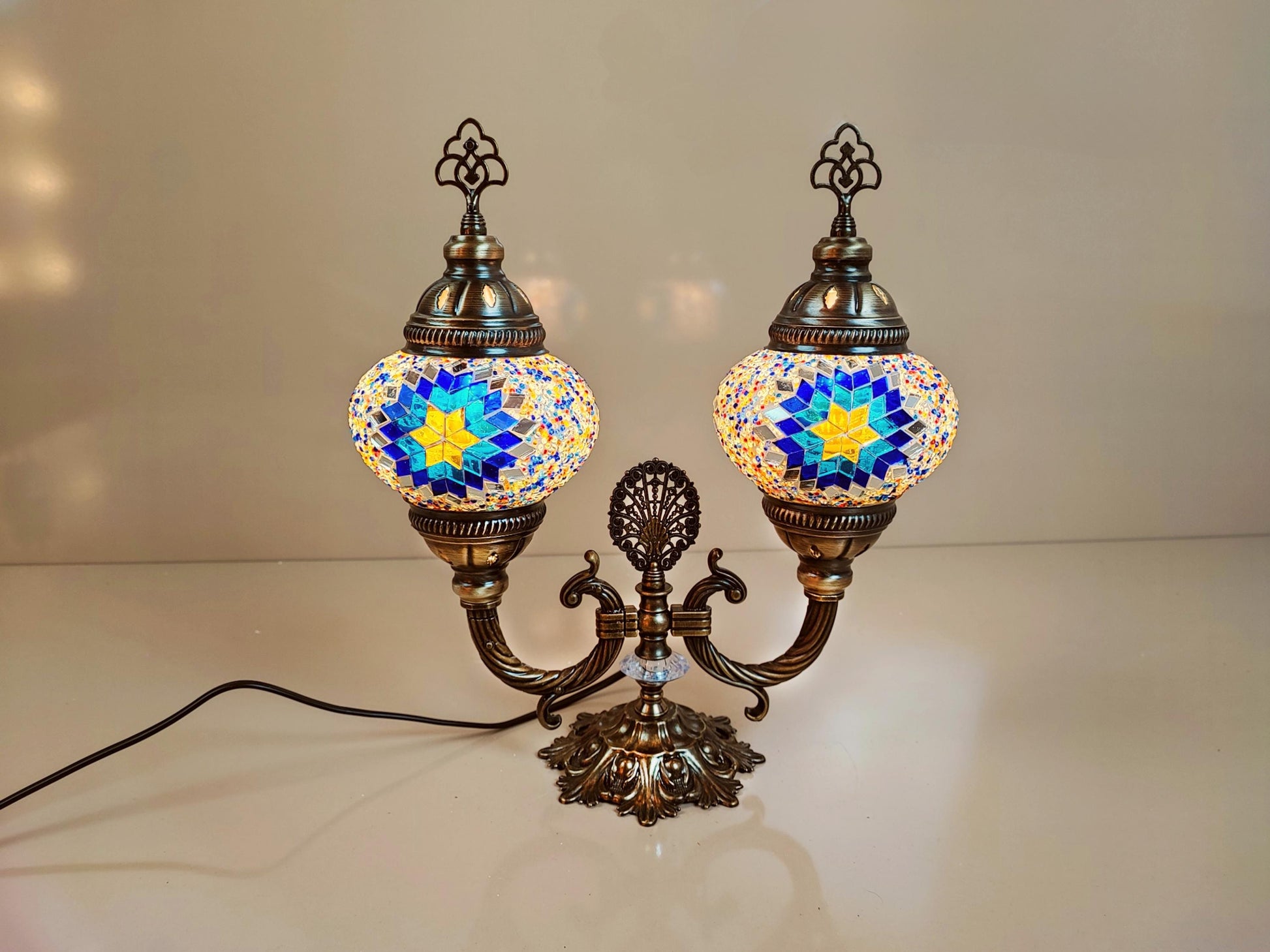 Table Lamp Art Decor, Turkish Twice Desk Lamp, Boho Brass Office Desk Lighting - Anatolia Lighting