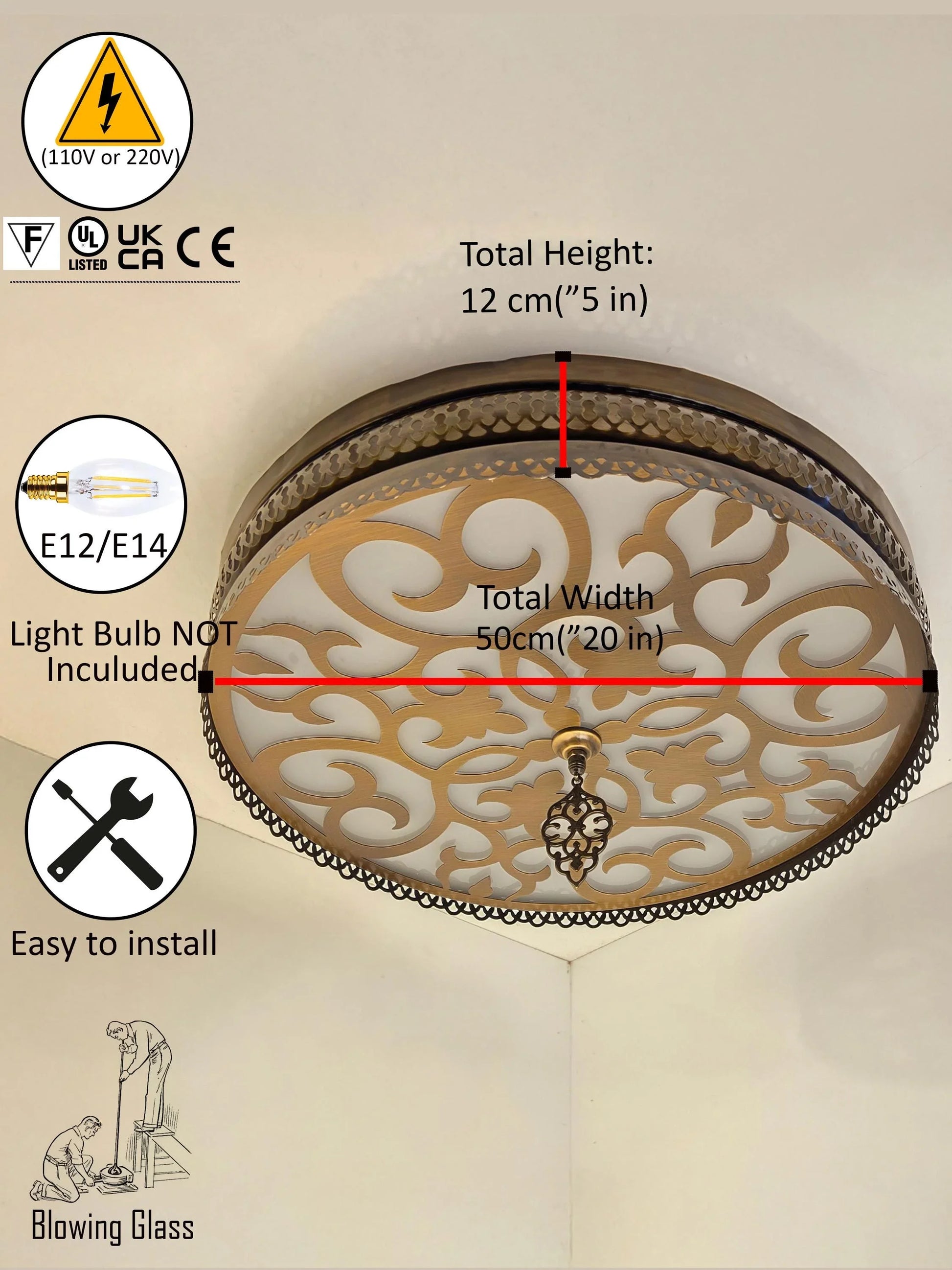 Oriental Ceiling Light – Moroccan Style Flush Mount Lamp – Vintage Gold Laser Cut Metal Chandelier - Anatolia Lighting