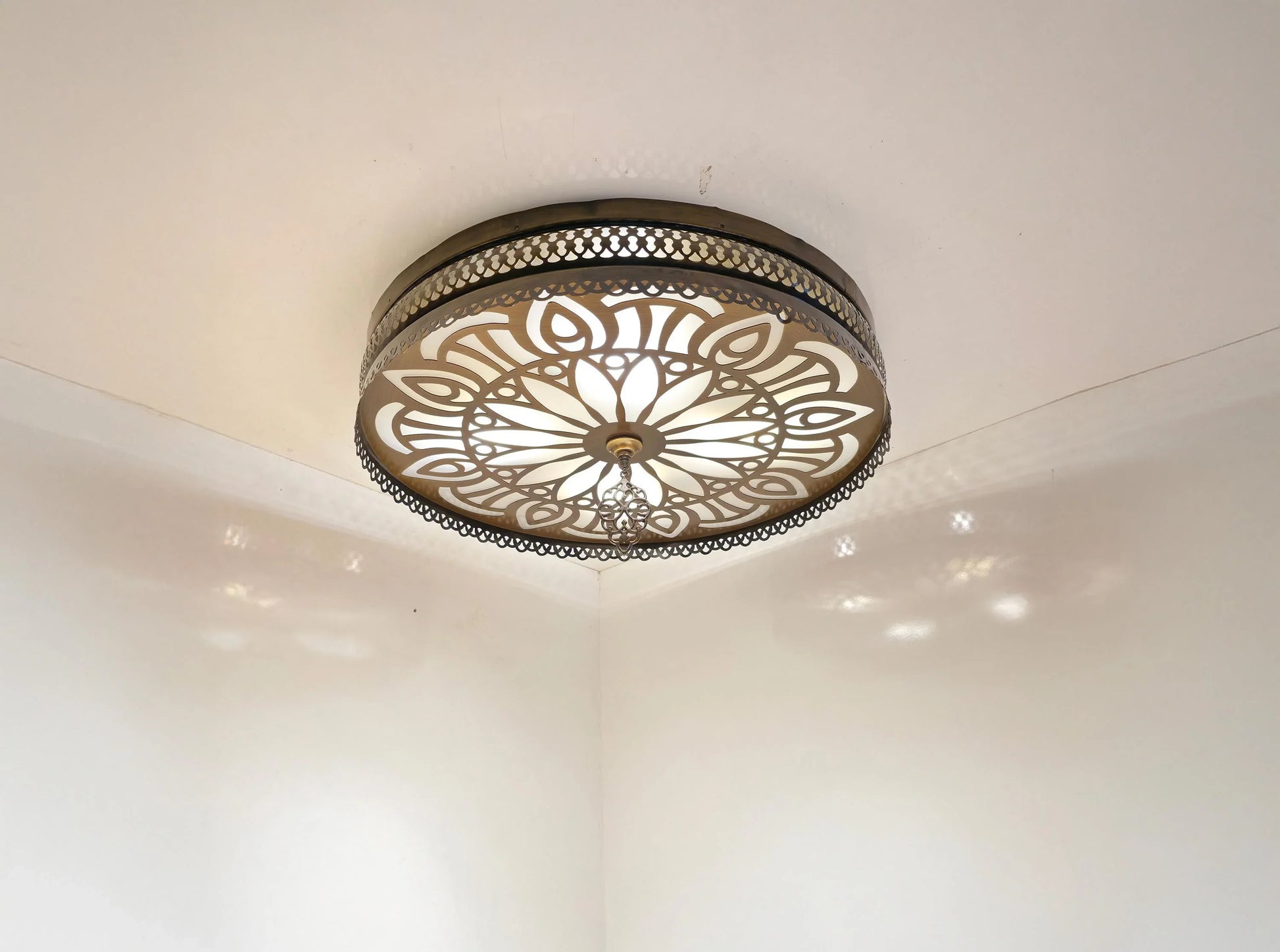 Oriental Ceiling Light – Moroccan Style Flush Mount Lamp – Vintage Gold Laser Cut Metal Chandelier - Anatolia Lighting