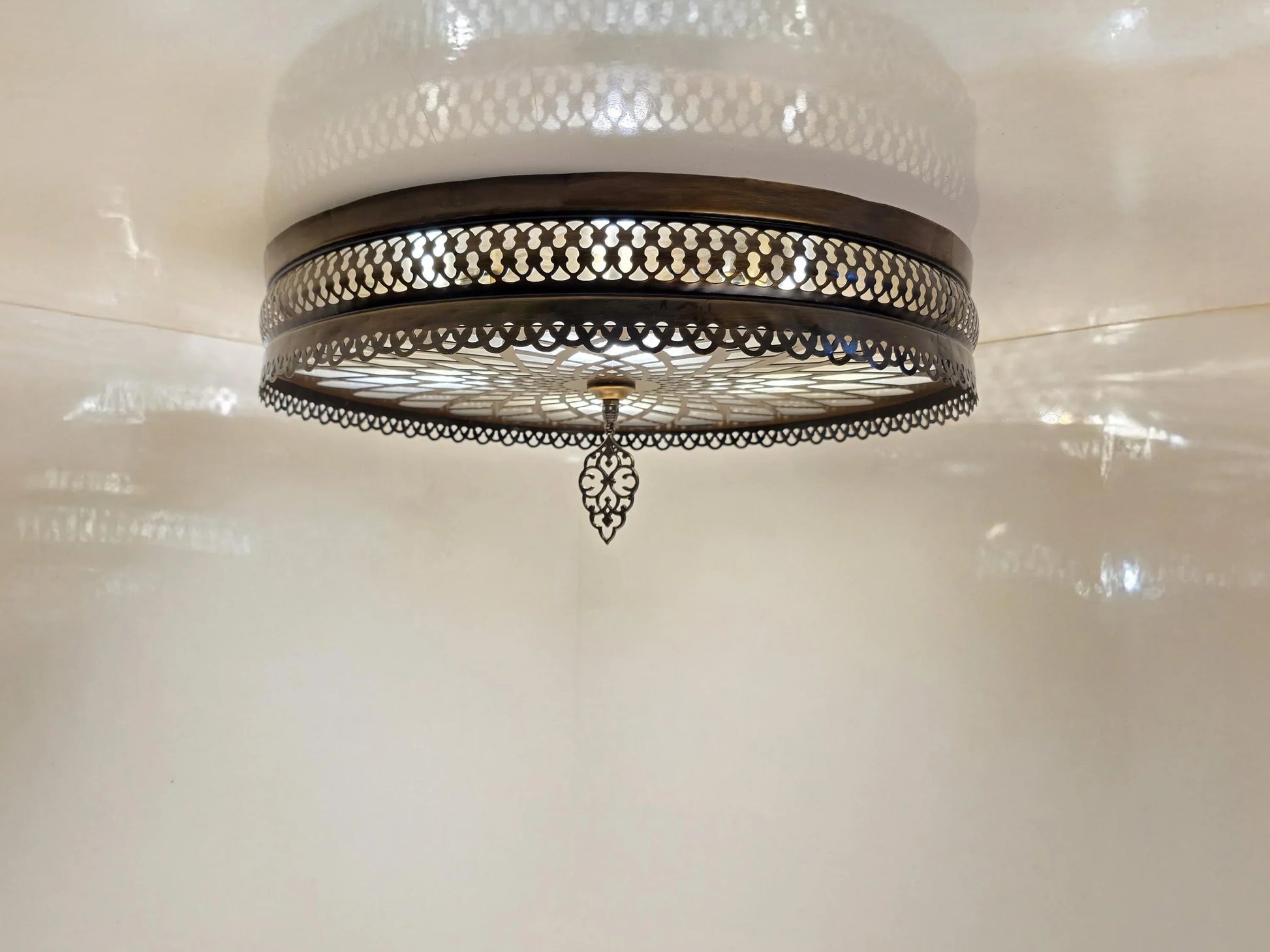 Oriental Ceiling Light – Moroccan Style Flush Mount Lamp – Vintage Gold Laser Cut Metal Chandelier - Anatolia Lighting