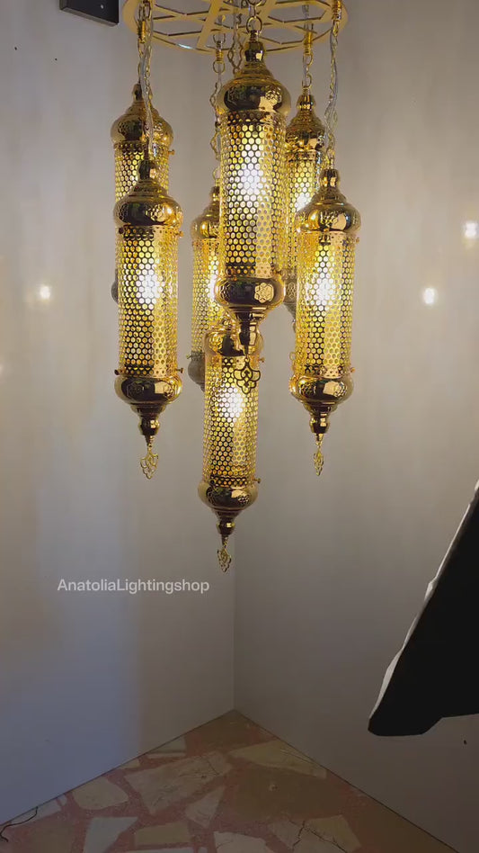 Gold Turkish Lantern Chandelier, Unique Vintage Light Fixture, Boho Style Pendant Lamp for Living Room