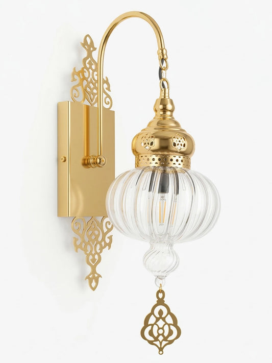 Unique Gold Sconce Wall Light - Handcrafted Ribbed Glass Globe Lamp